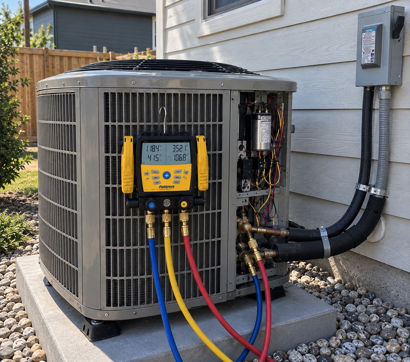 HVAC service gauges connected to an outdoor condenser
